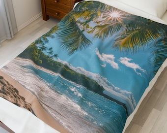 Couverture pelucheuse en velours Sunset - jeté confortable scène de plage, cadeau pour couple, couverture de famille, décoration de mariage, accessoire de maison doux