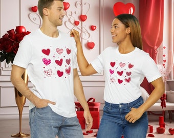 Camiseta de Dia dos Namorados com Corações Vermelhos – Camiseta Unissex de Amor