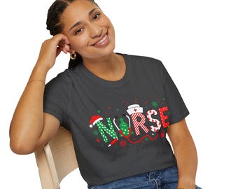 T-shirt souple unisexe de Noël, chemise de vacances, vêtements d'hiver de Noël, t-shirt de Noël festif, infirmière de Noël