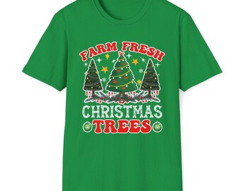 T-shirt souple unisexe de Noël, chemise de vacances, vêtements de Noël d'hiver, t-shirt de Noël festif, arbres de Noël