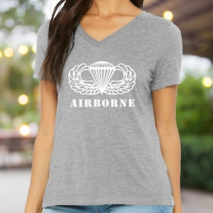 Airborne Paratrooper Unisex Jersey Short Sleeve V-Neck Tee, Airborne woman’s gift, Paratrooper women’s gift, Airborne women