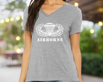 Airborne Paratrooper Unisex Jersey Short Sleeve V-Neck Tee, Airborne woman’s gift, Paratrooper women’s gift, Airborne women