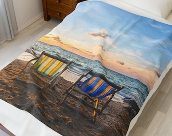Couverture pelucheuse en velouté - jeté confortable scène de plage, cadeau pour couple, couverture de famille, décoration de mariage, accessoire de maison doux
