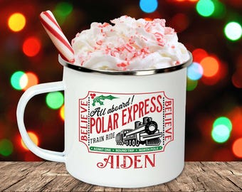 Tasse de camping en acier inoxydable avec billet personnalisé Polar Express | Tasse de Noël | 11 oz tasse | Tasse des Fêtes | | | Tasse à chocolat chaud