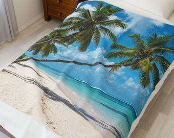 Couverture moelleuse en velours de coton - jeté confortable scène de plage, palmiers, cadeau pour couple, couverture de famille, décoration de mariage, accessoire de maison doux