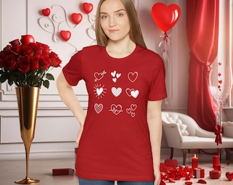 Camiseta de Dia dos Namorados com Corações Vermelhos – Mistura de Algodão Macio, Presente Feminino