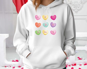 Candy Hearts Valentines Day Unisex Heavy Blend™ Hooded Sweatshirt, Red Hearts, Valentine Gift, Women Valentine Sweatshirt