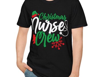 T-shirt souple unisexe Noël infirmière, chemise de vacances, vêtements de Noël d'hiver, t-shirt de Noël festif, tenue de fête de Noël