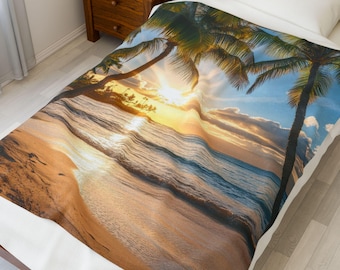 Couverture moelleuse en velours côtelé Beach Sunset - jeté douillet, cadeau pour couple, couverture de famille, décoration de mariage, accessoire de maison doux
