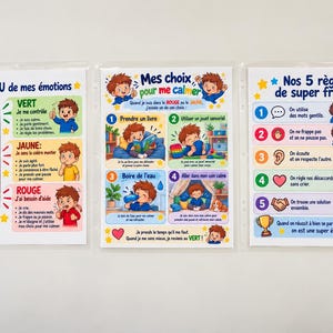 May include: Three educational posters in plastic sleeves. The first shows a traffic light with emotional states. The second lists calming choices for children. The third outlines five rules for brothers with illustrations of two boys interacting.