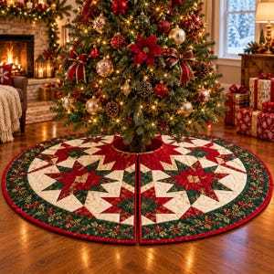 May include: A circular quilted Christmas tree skirt featuring a patchwork star pattern in red, dark green, and cream fabric. The border displays a printed holly leaf and berry motif, and the design includes a straight slit for placement.