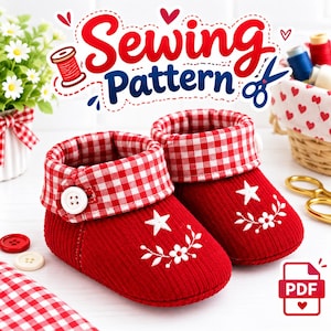 May include: A pair of red corduroy baby booties featuring a white gingham cuff, a single white button, and embroidered white star and floral details. The image includes the text Sewing Pattern and a PDF icon, with red and white accents.