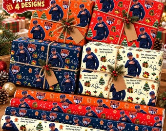 May include: A wrapping paper set featuring four designs with a repeating pattern of a person in a blue hoodie, Christmas trees, gifts, and the text "Good Better Rest" and "Ben Johnson hit the stanky leg AGAIN" on red, blue, and cream backgrounds.