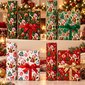 May include: Four rectangular gift boxes and four cylindrical gift tubes wrapped in festive paper featuring a repeating pattern of a person in a yellow vest and red shirt, interspersed with Christmas trees, ornaments, and gift boxes.