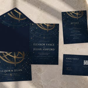 May include: A dark blue wedding stationery set featuring gold celestial astrolabe illustrations and star patterns. The set includes an envelope, a main invitation for Eleanor Vance and Julian Ashford, a details card, and a reply card with a QR code.