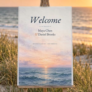 May include: A rectangular wedding welcome sign featuring a sunset ocean painting with soft pink and blue clouds. The text reads Welcome to the wedding of Maya Chen & Daniel Brooks, Saturday 8 June 2027, Casa Romantica in dark lettering.