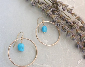 Gold hoops with turquoise, 14k gold fill hoops, Fun flirty beachy hoop earrings, boho jewelry, gold and turquoise jewelry, turquoise dangles