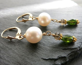 White Pearl Earrings 14k gold, Pearl dangle earrings, Valentine’s Day gifts, fine jewelry, beachy chic pearl earrings