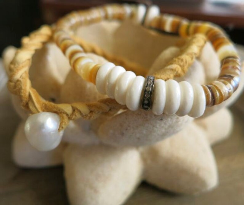 Heishi and bone bracelet with diamonds stacking beachy bracelet hippie chic stretch bracelet with pave diamonds and heishi beads boho