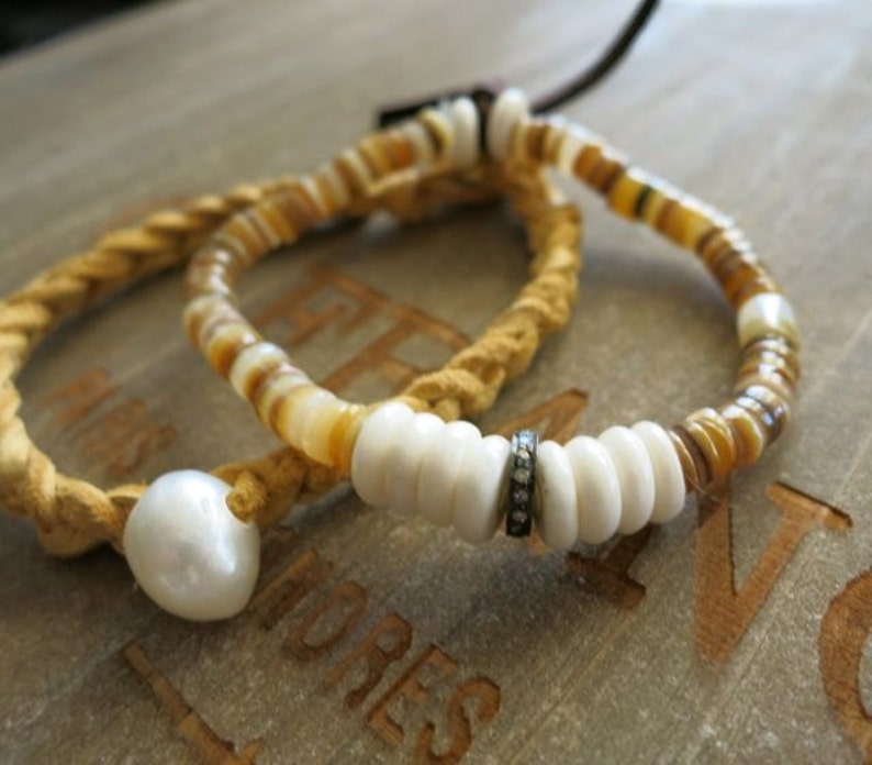 Heishi and bone bracelet with diamonds stacking beachy bracelet hippie chic stretch bracelet with pave diamonds and heishi beads boho