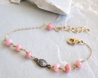 Pink Opal bracelet, Peruvian Opal chain bracelet pave diamond october birthstone dainty bracelet, pink candy gemstone,beachy bracelet gift