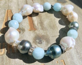 Tahitian and Baroque Pearl Bracelet,  Tahitian pearls with Diamonds and aquamarine , White and gray pearl stacking bracelet, boho beach chic