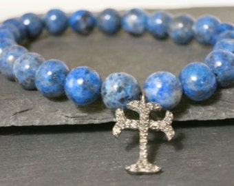 Diamond Cross Lapis Bracelet, Pave diamond sterling cross, blue lapis stacking bracelet, blue layering yoga bracelet, beachy boho chic