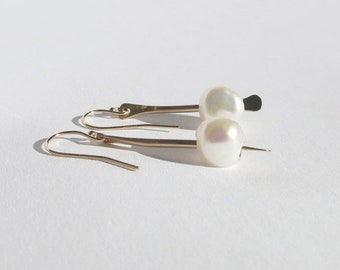 Gold filled pearl earrings, hammered gold dangles, beachy pearl earrings, gift ideas, pearl jewelry, recycled metals, modern pearl earrings