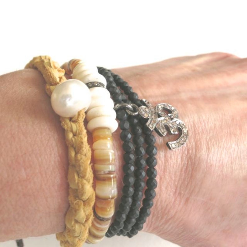 Heishi and bone bracelet with diamonds stacking beachy bracelet hippie chic stretch bracelet with pave diamonds and heishi beads boho