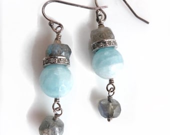 Labradorite with Aquamarine earrings, Labradorite diamond dangles, ocean blue Beachy earrings, valentines day gifts, Sundance style
