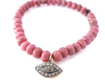 Pave Diamond Evil Eye rhodochrosite Bracelet, Diamond evil eye pendant  pink rhodochrosite,gemstone bracelet, stretchy stacking yoga beachy