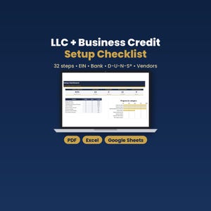 Op de afbeelding: Een digitale checklist voor het opzetten van een LLC en zakelijk krediet op een laptopscherm. De tekst luidt LLC + Business Credit Setup Checklist, 32 steps, EIN, Bank, D-U-N-S, Vendors, PDF, Excel en Google Sheets. Het dashboard toont voortgang.