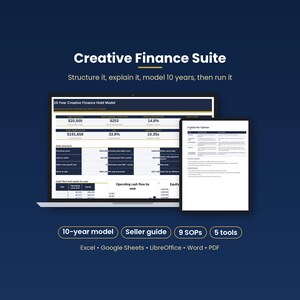 May include: A digital Creative Finance Suite featuring a 10-year model on a laptop screen and a seller guide on a tablet. The display shows financial data, deal structures, and cash flow charts. Includes 10-year model, seller guide, 9 SOPs, and 5 tools compatible with Excel, Google Sheets, LibreOffice, Word, and PDF.