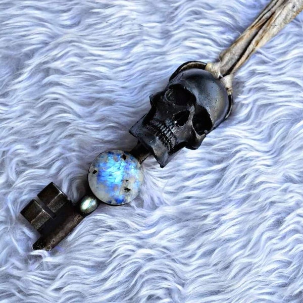 Skull necklace, Crystal necklace, Catacomb amulet, Old Church Key, Moonstone necklace, Occult Jewelry ,Witch Jewellery, Labradorite ,Goth