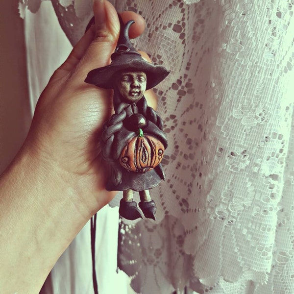 Witch Spirit Doll,Pumpkin Witch doll,Obsidian Hand made Doll,Wicca art doll,Alternative,Halloween,Horror doll,gift,Tarot,Ritual,Gothic