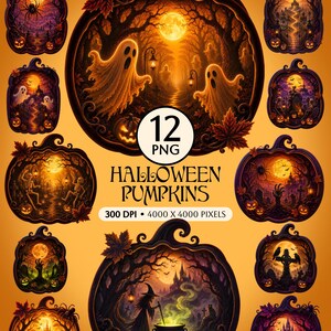 Könnte beinhalten: Eine digitale Sammlung von 12 kürbisförmigen Halloween-Rahmen mit verschiedenen gruseligen Szenen wie Geistern, Skeletten, einer Hexe mit Kessel und Friedhöfen. Der Text lautet 12 PNG HALLOWEEN PUMPKINS 300 DPI 4000 X 4000 PIXELS.