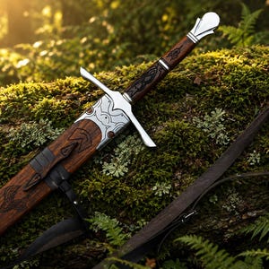 May include: A sword with a dark brown wooden handle and a silver pommel, crossguard, and scabbard throat. The scabbard is made of dark wood with intricate black carvings and black leather straps attached to the side for carrying.