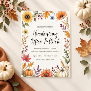 Peut inclure: Une carte d'invitation rectangulaire pour un repas de Thanksgiving au bureau, ornée d'une bordure aquarelle de tournesols, coquelicots orange, feuilles d'automne, blé et citrouilles. Le texte indique : YOU'RE INVITED TO OUR Thanksgiving Office Potluck, Wednesday, November 18, 12:00 PM, Break Room, 456 Willow Creek Drive, Orlando, FL, Sign up to bring a dish and join the feast, RSVP to Mia at 555-123-4567.