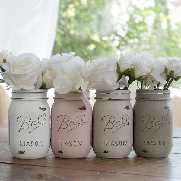Painted Mason Jars in Blush Pink, Tan, Taupe and White - Wedding, Showers, Vases