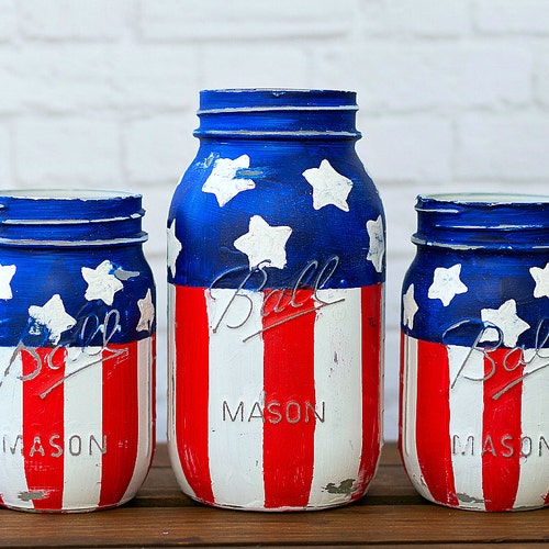 American Flag Mason Jars Red White Blue Mason Jars Stars - Etsy