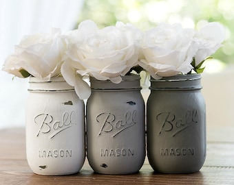 Gray & White Painted, Distressed Mason Jars - Gray, Greige, White