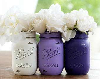 Purple, Lavender, White Painted & Distressed Mason Jars