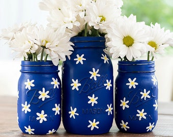 Daisy Painted Mason Jar - Cobalt Blue Painted Mason Jar - Quarts and Pints Painted Mason Jars