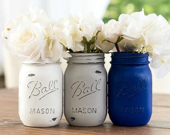 Royal Blue, Gray, White Painted Distressed Mason Jar Vases - Weddings, Showers, Home Decor