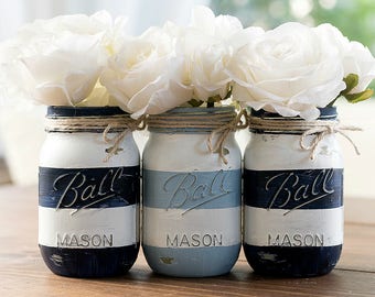 Striped Mason Jars - Painted Striped Mason Jars - Nautical Mason Jars - Beachy Mason Jars