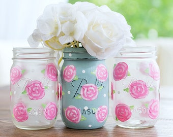 Rose Flower Painted Mason Jar - Painted, Distressed Mason Jar - Rose Mason Jar