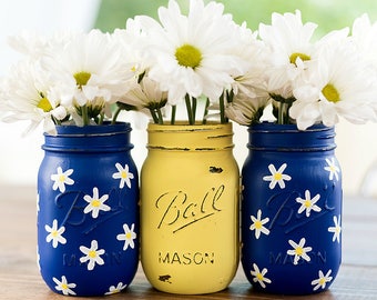 Daisy Painted Mason Jars - Cobalt Blue and Yellow Painted Distressed Mason Jars with Daisies