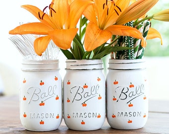 Pumpkin Mason Jars - Painted Pumpkin Mason Jars - Halloween Mason Jars Painted & Distressed