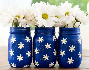 Daisy Painted Mason Jars - Cobalt Blue Painted Mason Jars with Daisies