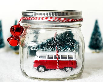 Car in Jar Snow Globe - Red Vintage VW Bus Snow Globe - Mason Jar Christmas Decoration